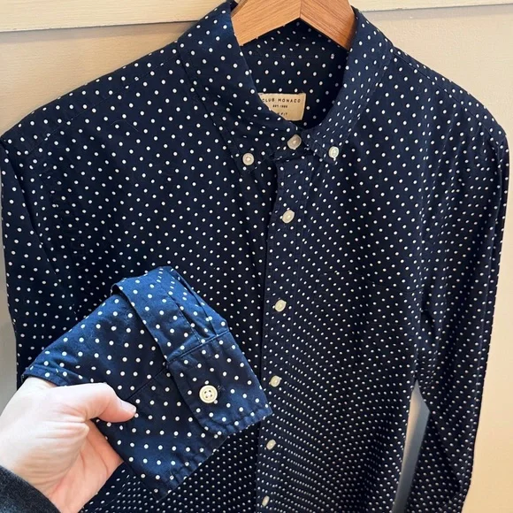Club Monaco Men’s Slim Fit Polka Dot Button Down Shirt Navy White Preppy Size S - Picture 3 of 4